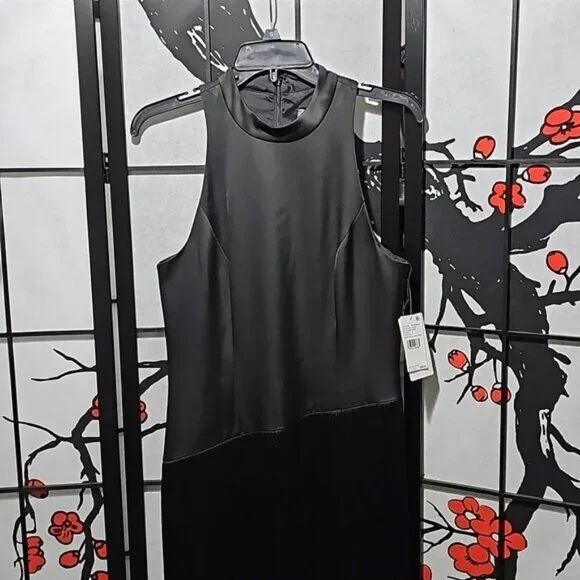 Liv Foster Mock Neck Sleeveless Midi Asymmetrical Fringe Crepe Dress Size 8 New - Picture 4 of 16